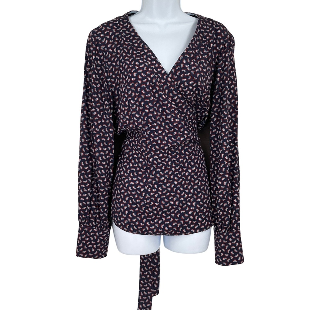 Boden Wrap Top Women 14 Navy Rainbow Print Long Sleeve Tie V-Neck